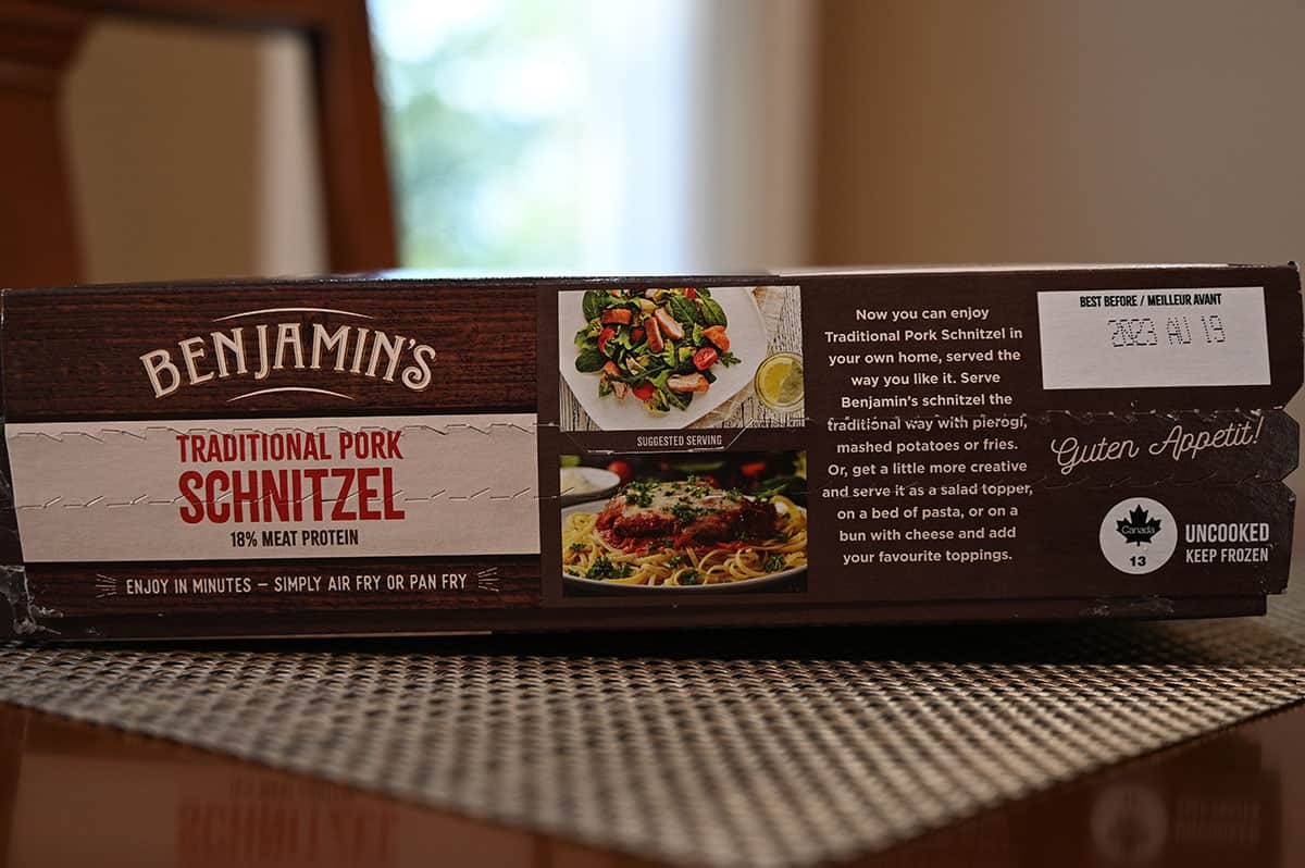 Side view of the side of the box of Benjamin's Pork Schnitzel.