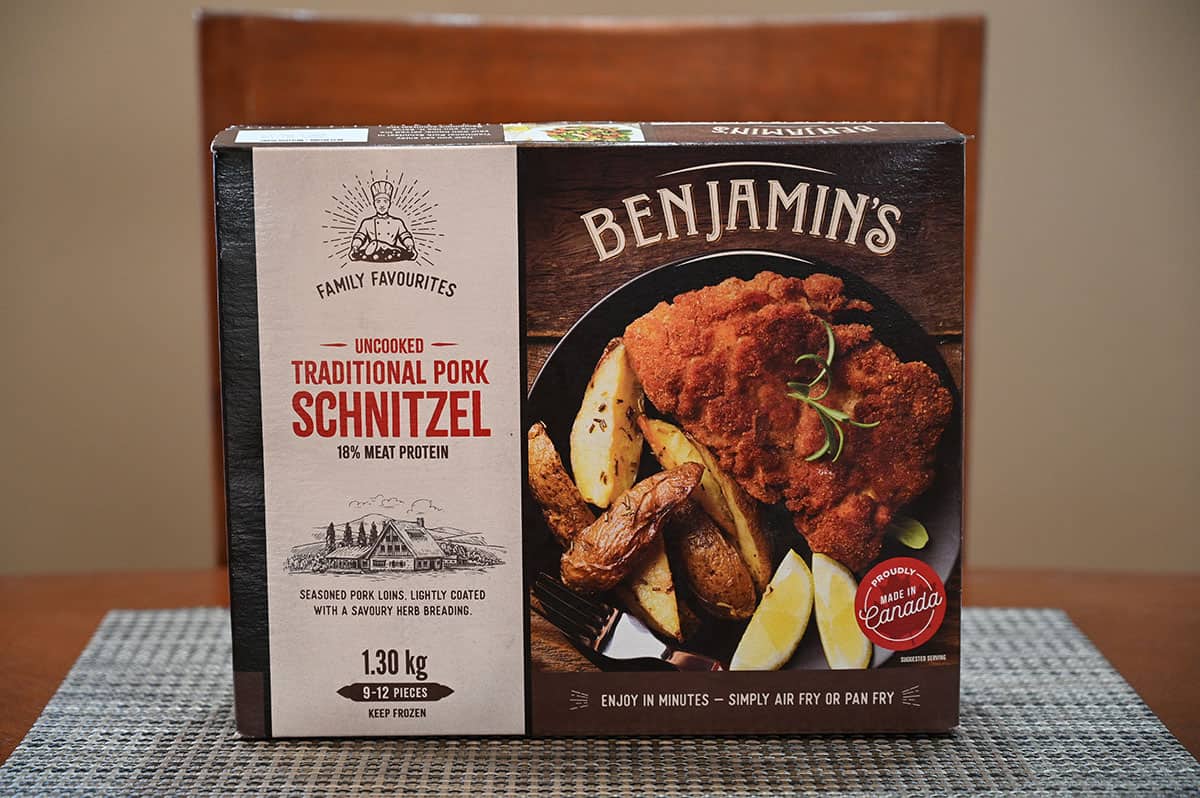 Image of a box of the Costco Benjamin's Traditional Pork Schnitzel sitting on a table.