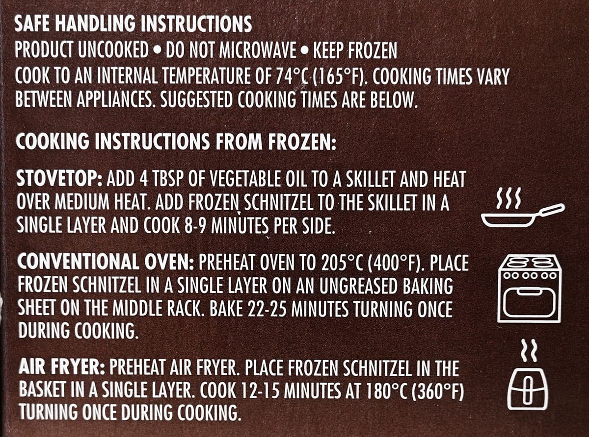 Schnitzel cooking instructions from the box.