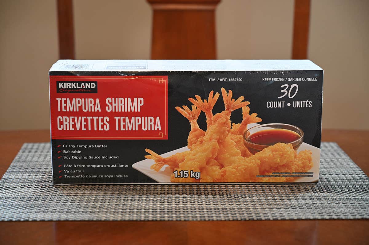 Image of the Costco Kirkland Signature Tempura Shrimp box on a table.