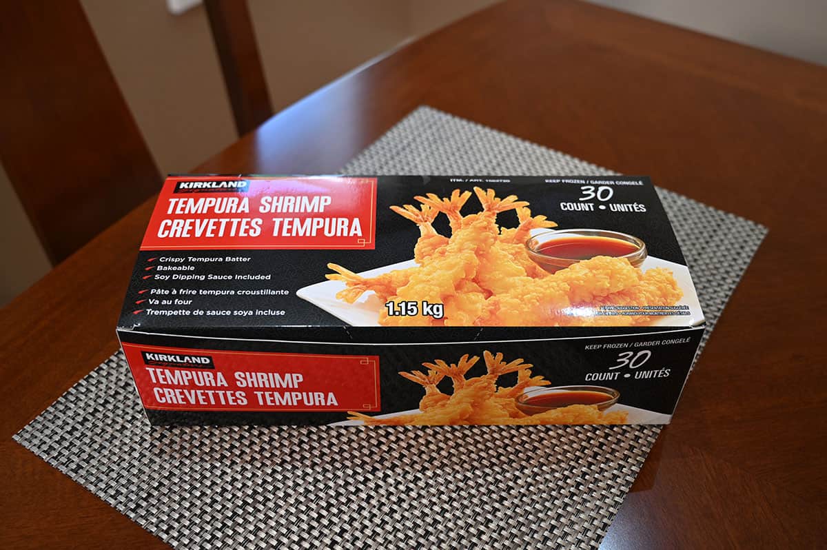 Side image of the box of Kirkland Signature Tempura Shrimp. 