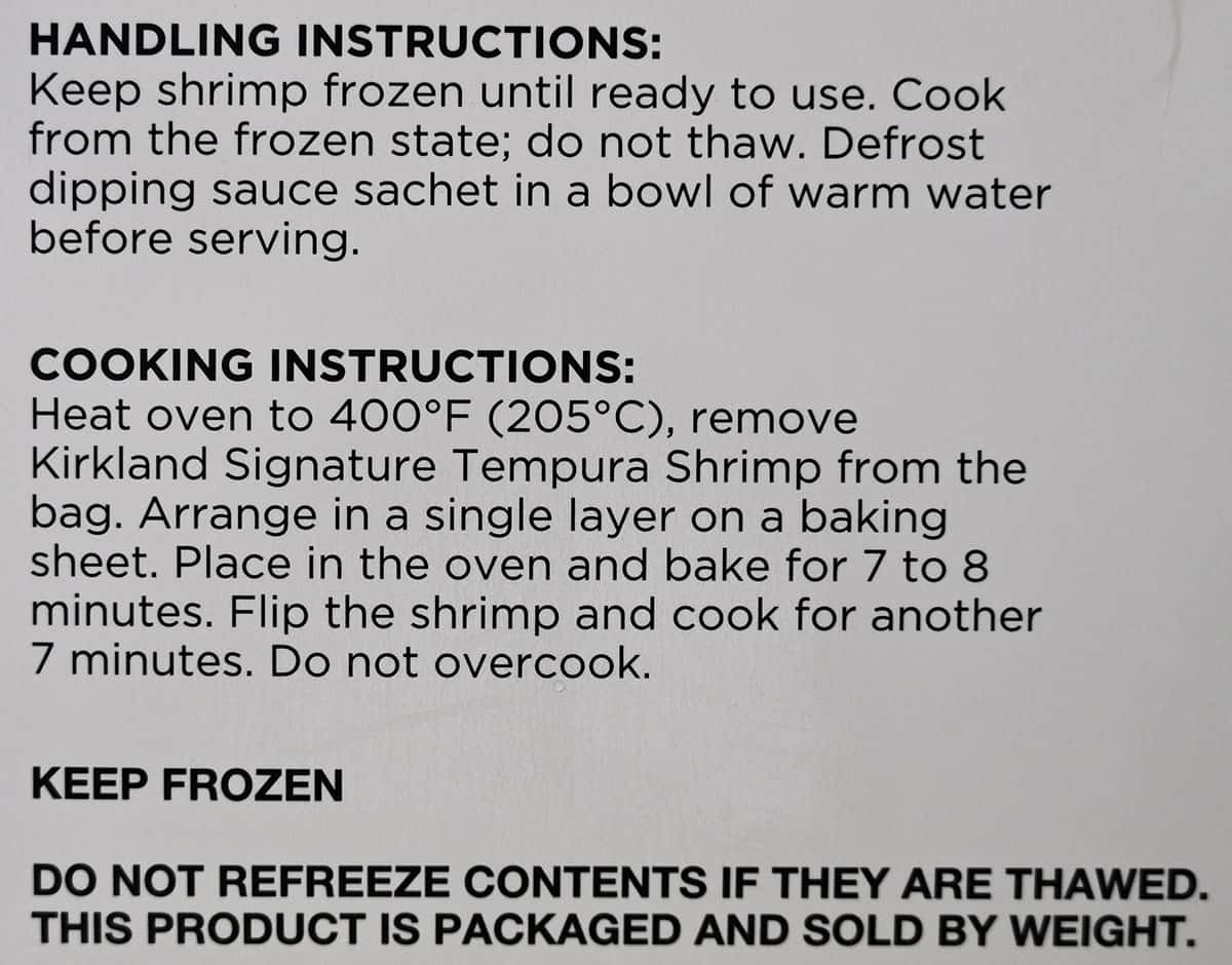 Costco tempura shrimp cooking instructions from the box.