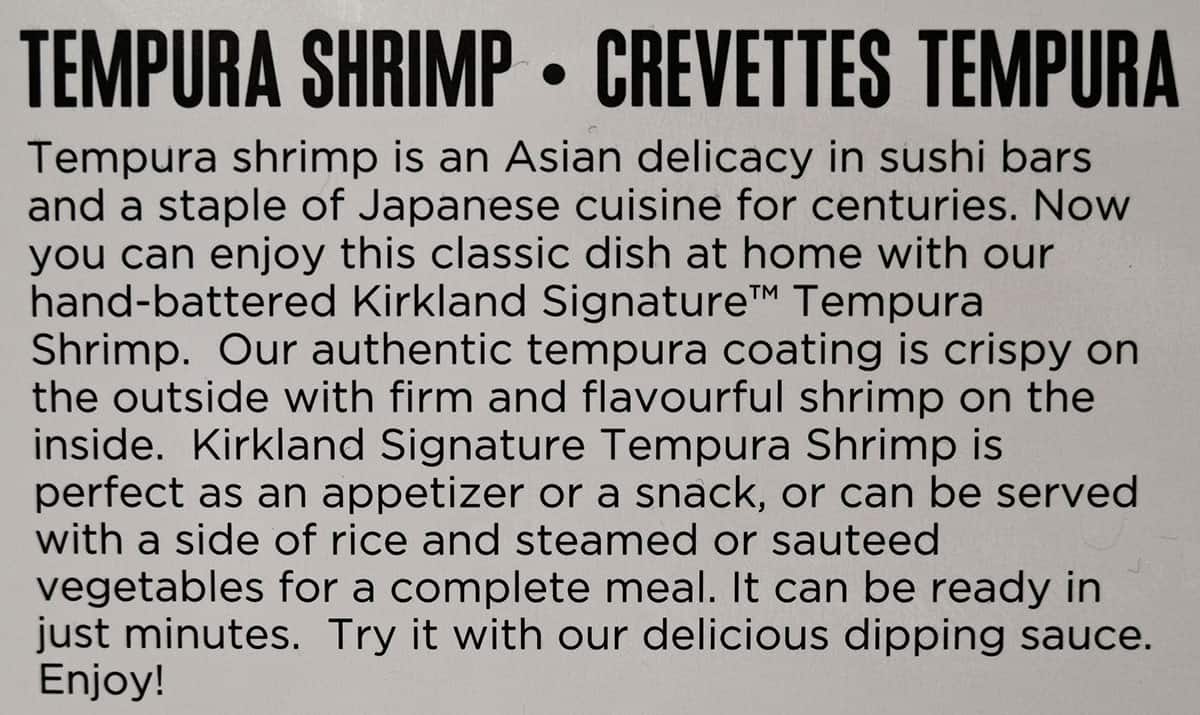 Image of the tempura shrimp product description from the box. 