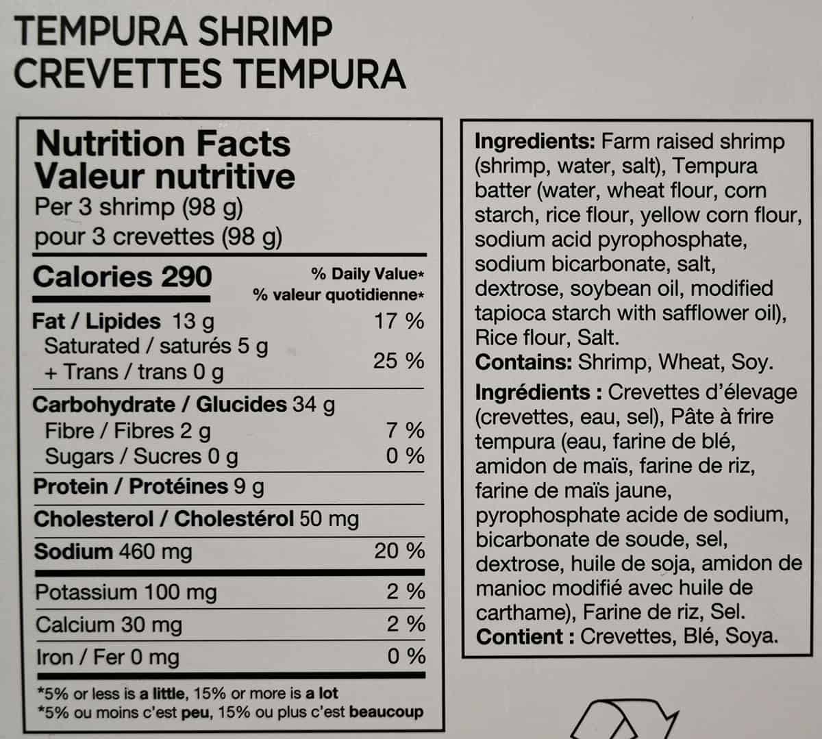 Tempura shrimp nutrition facts from the box.