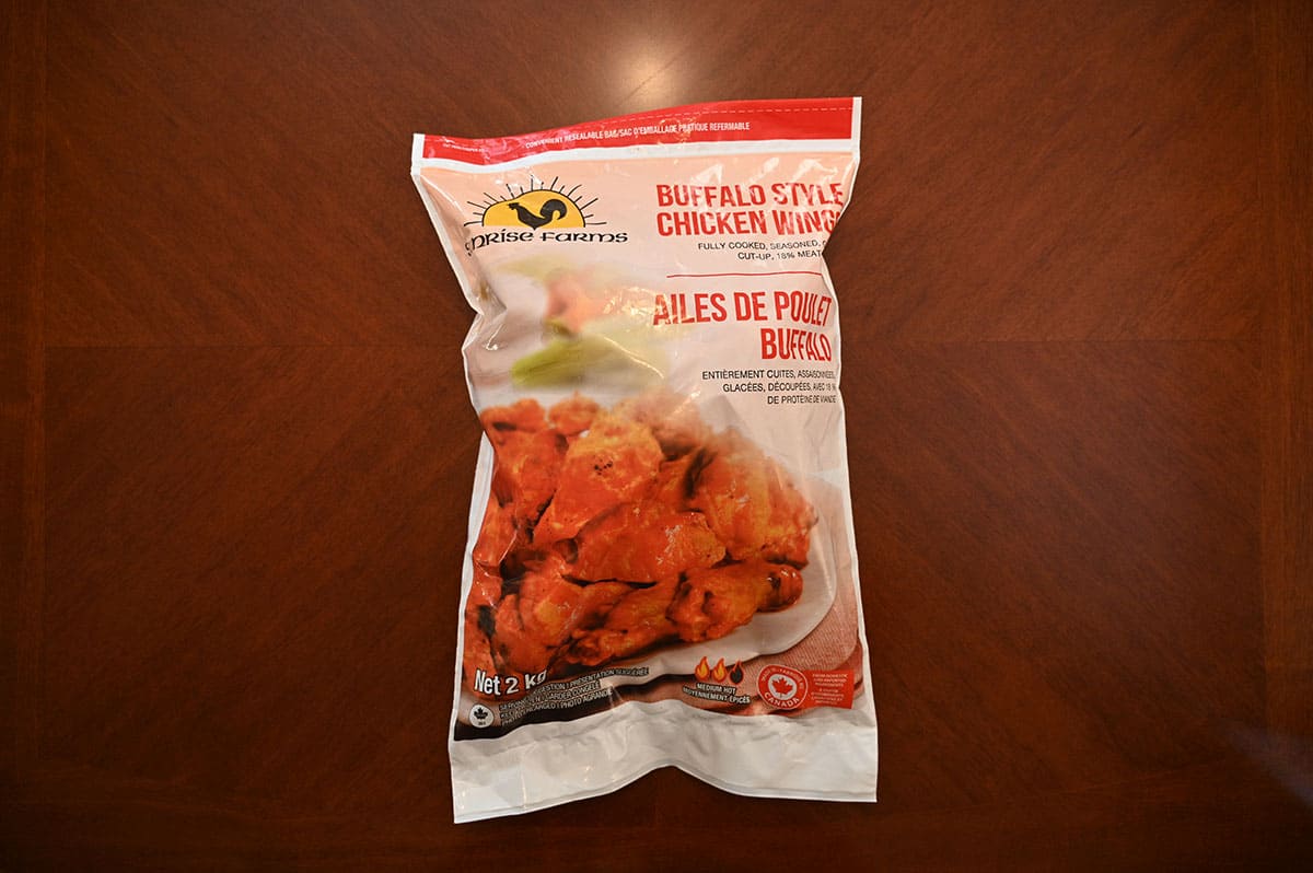 Costco Sunrise Farms Buffalo Style Chicken Wings bag on a table.