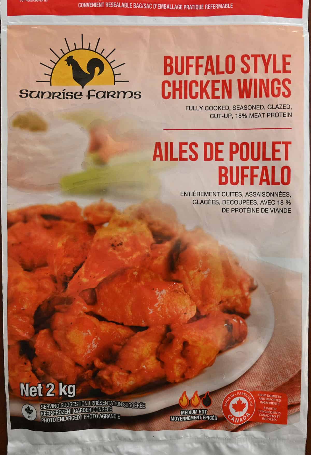 Closeup image of the Costco Sunrise Farms Buffalo Style Chicken Wings bag.