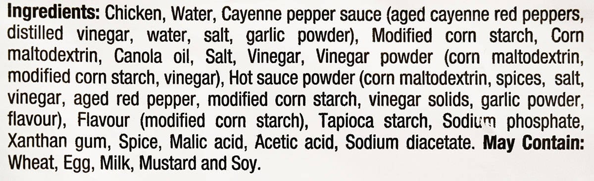 Buffalo chicken wings ingredients list from bag.