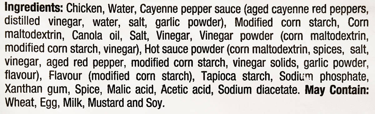 Buffalo chicken wings ingredients list from bag.
