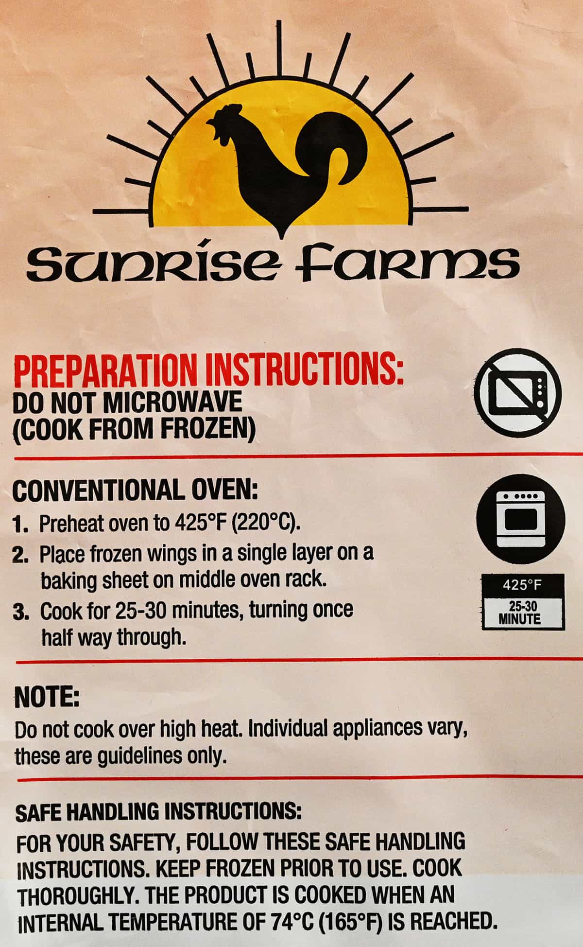 Frozen buffal chicken wings from Costco cooking instructions from bag.