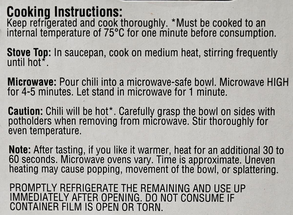 Chili cooking instructions from the package.