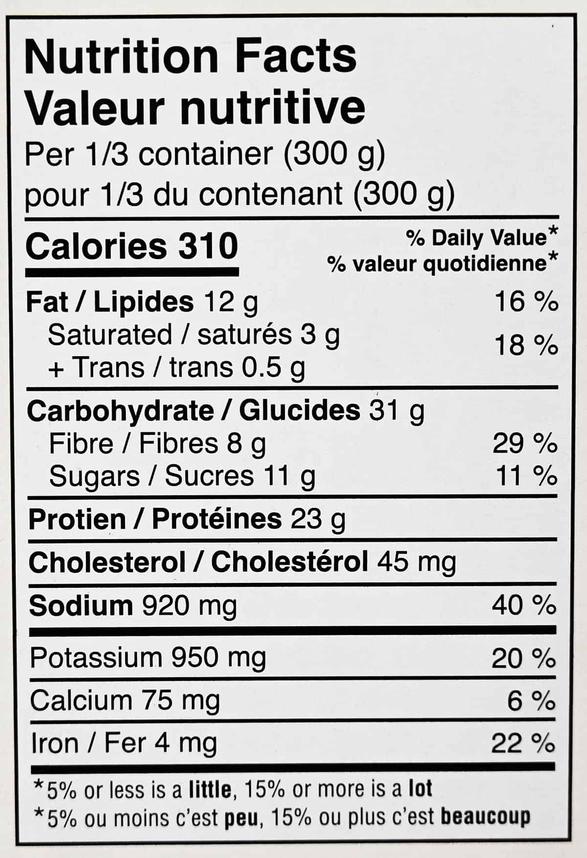Chili nutrition facts from the package.