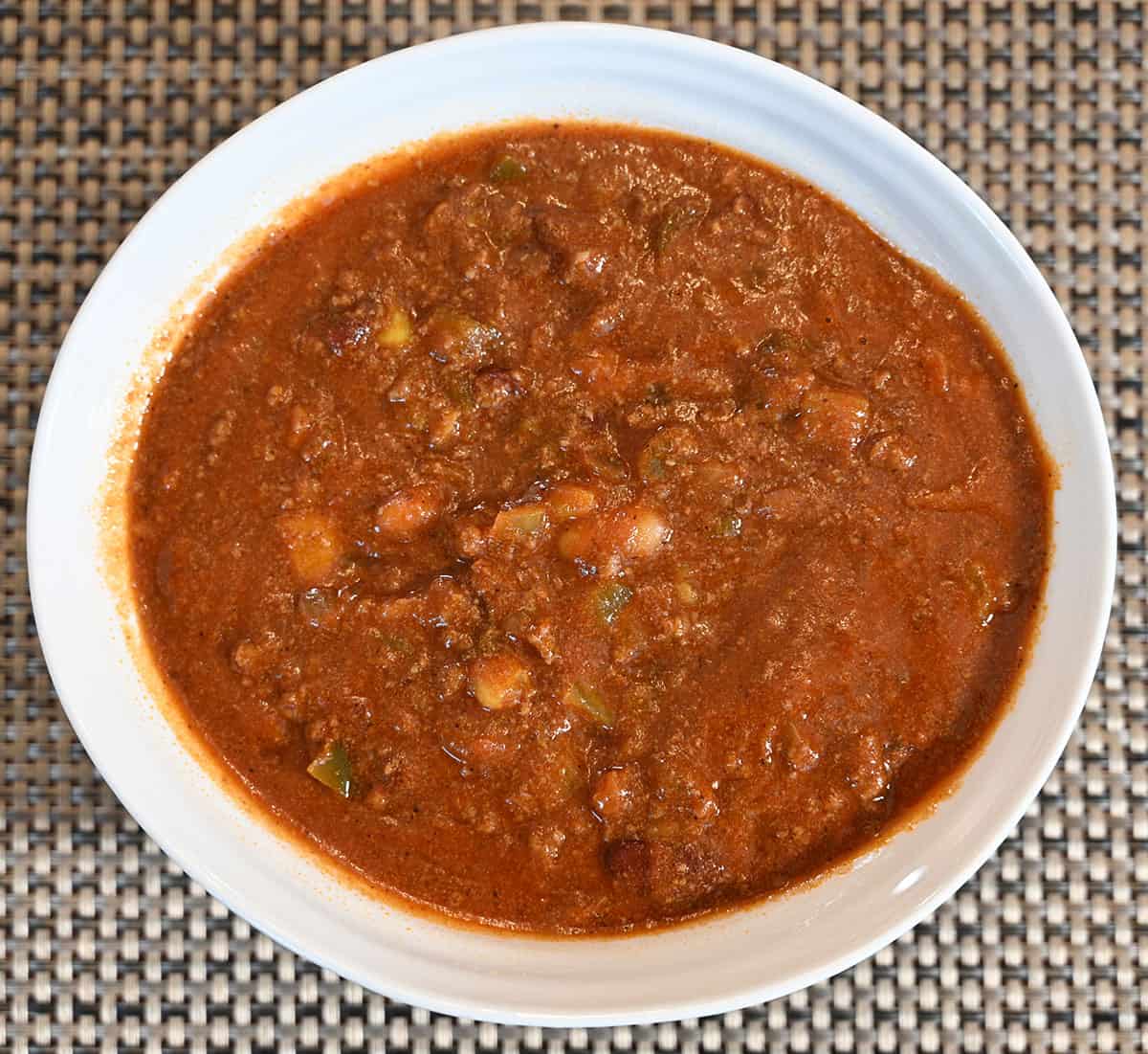 Top down image of a bowl of chili. 