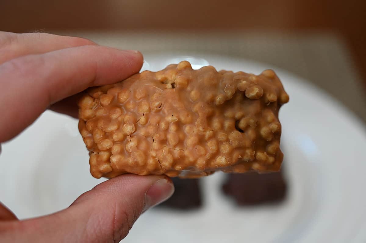 Closeup image of a hand holding the peanut butter bar.