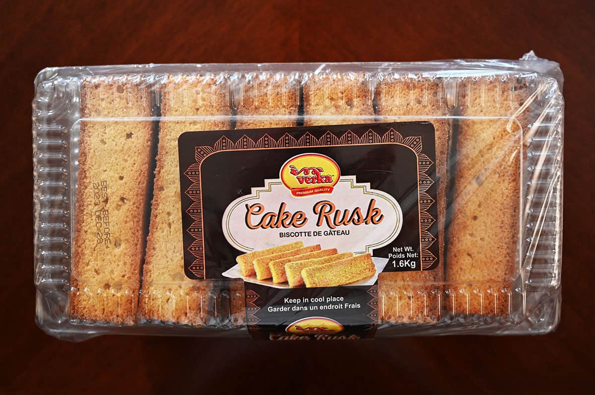Costco Verka Cake Rusks package on a table, top down image.