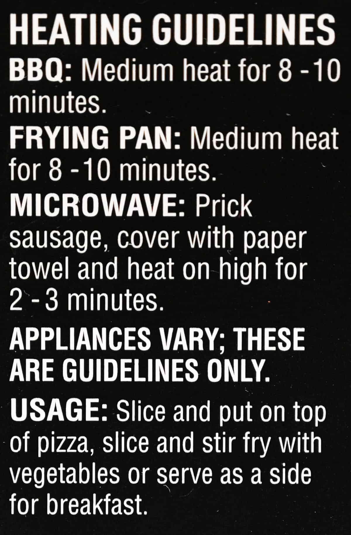Heating guide for the sausages from the package.
