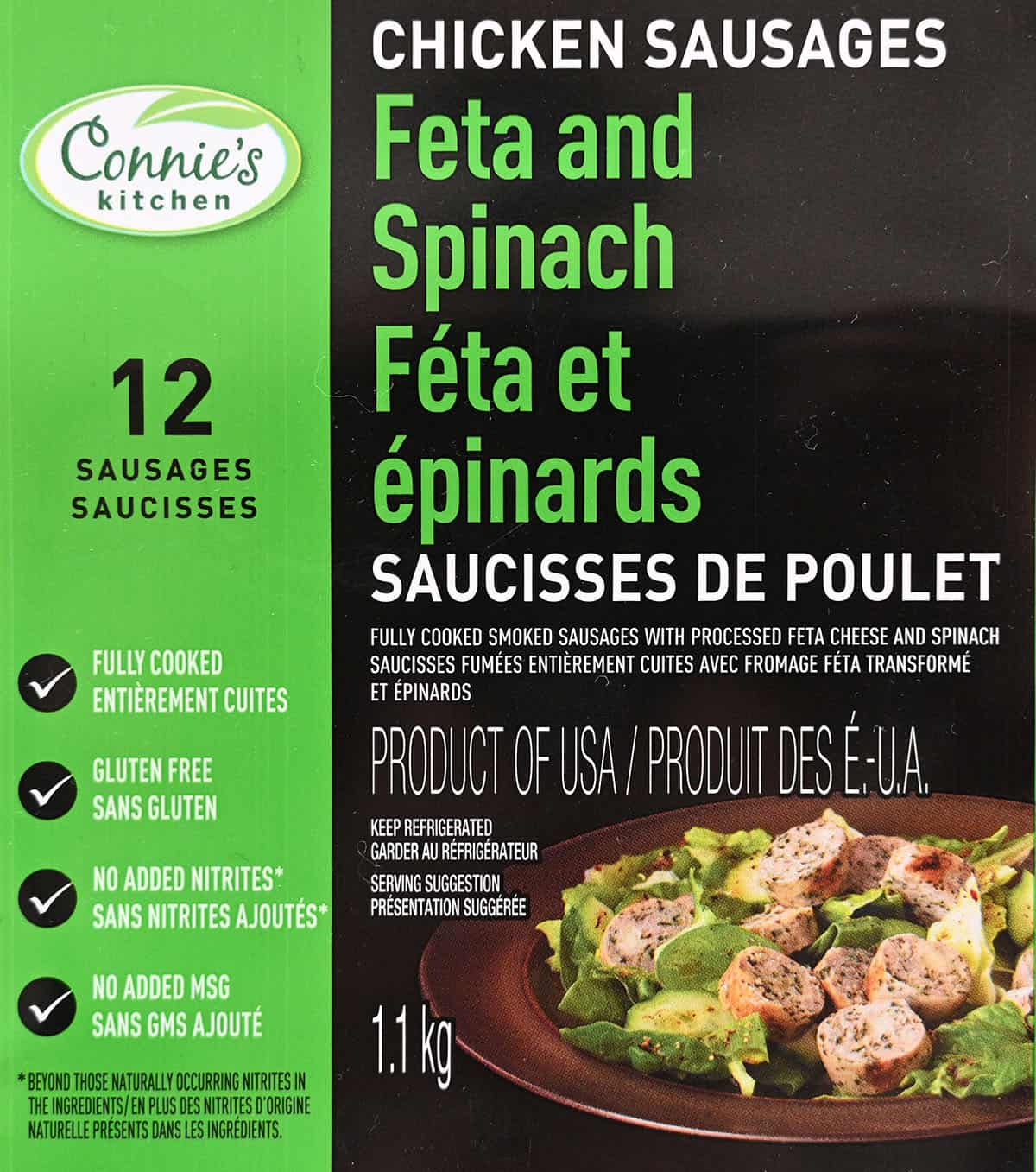 Closeup image of the front label on the sausages stating they're gluten-free with no added MSG or nitrites.