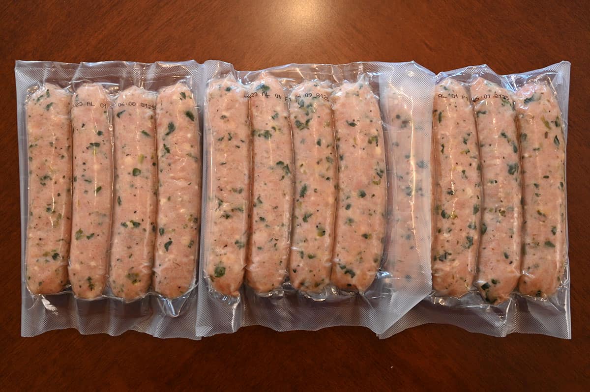 Image showing the sausages come in three packs of four.