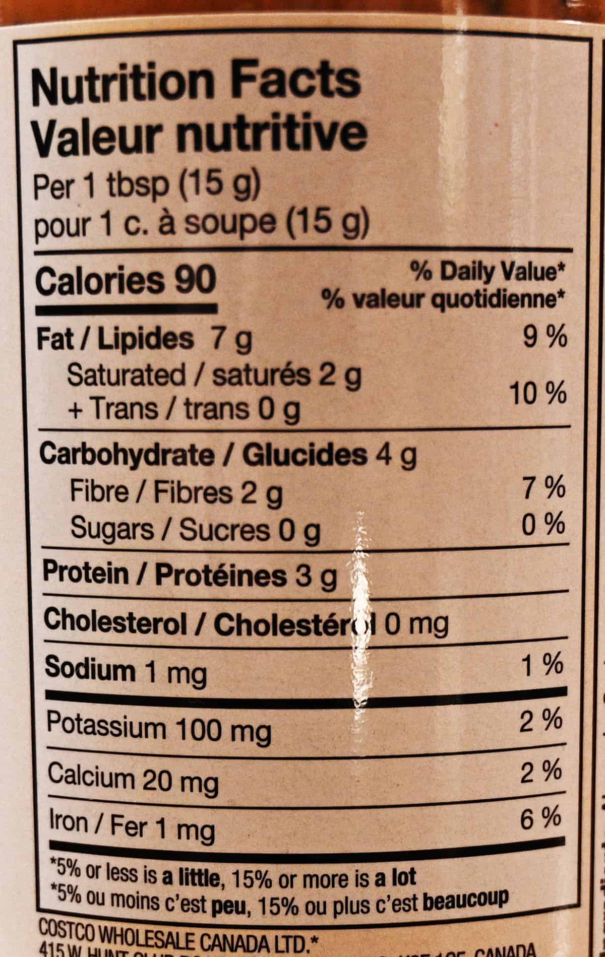 Nutrition facts from the container of nut butter.