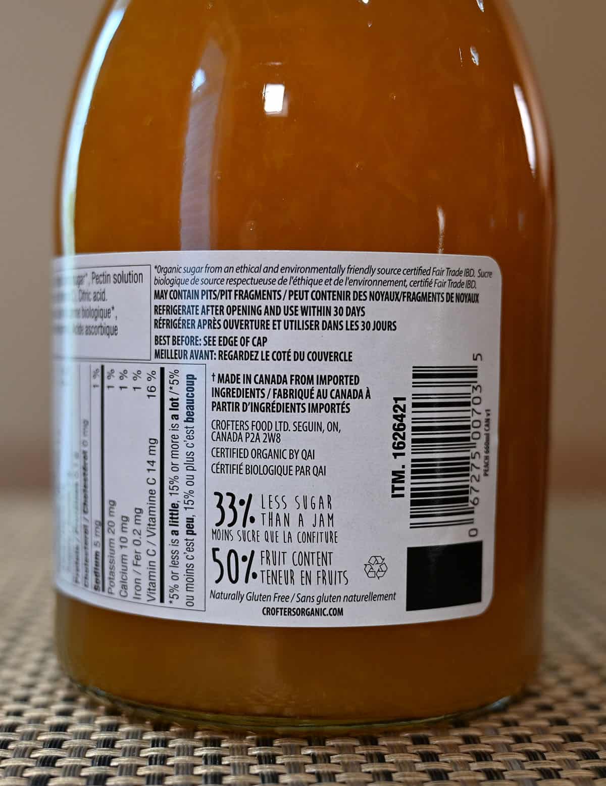 Image of the back of the jar of the peach spread.