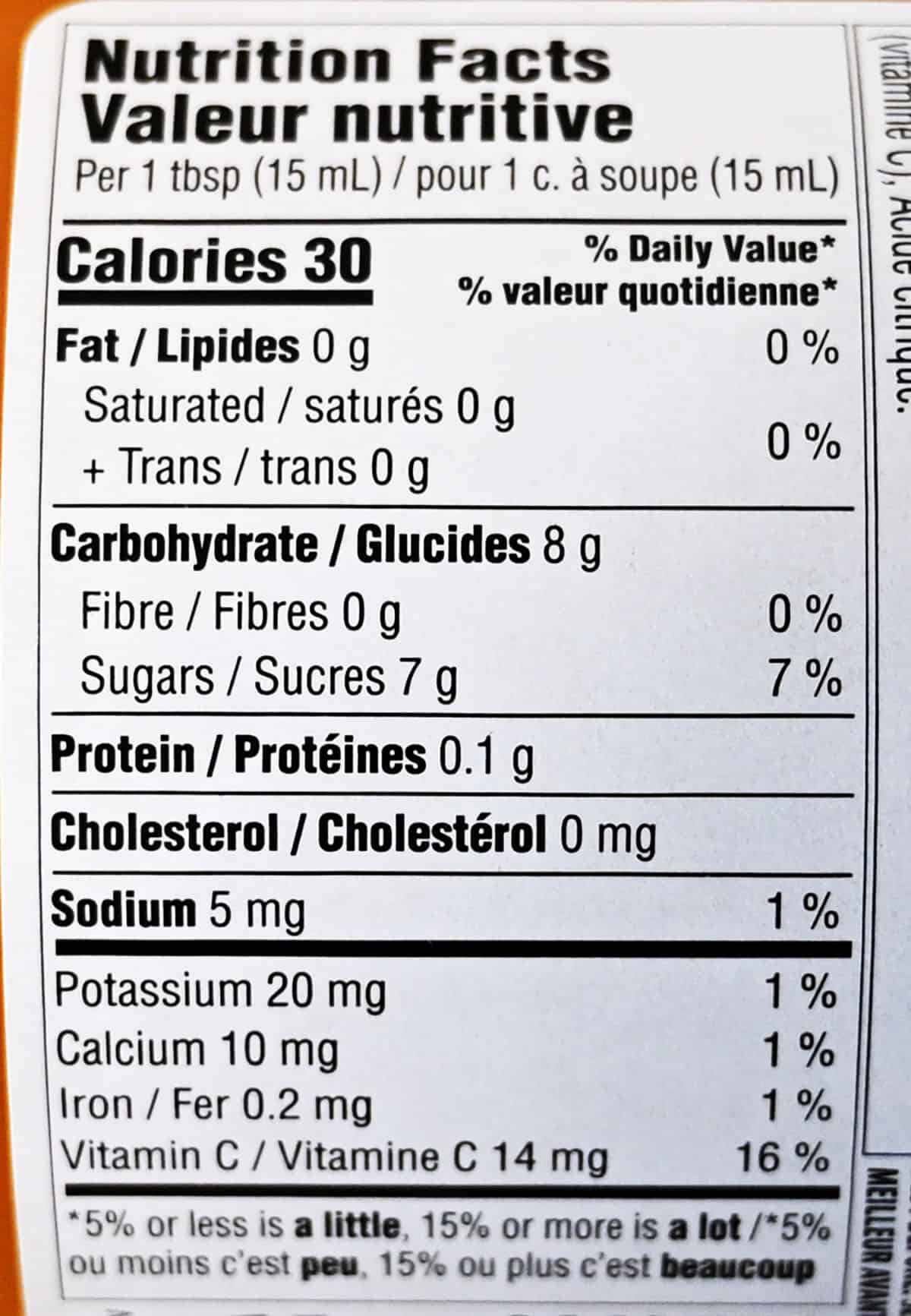 Nutrition facts label from the back of the jar of spread.