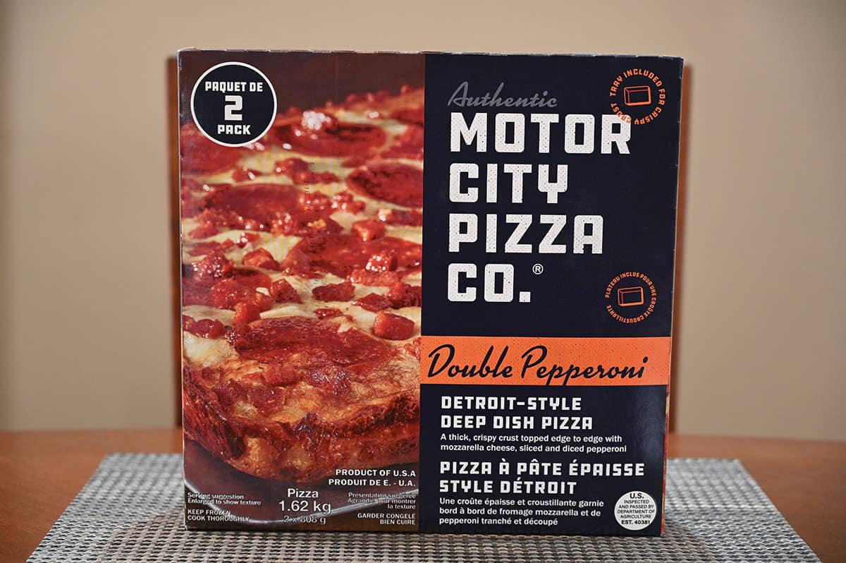 Costco Motor City Pizza Co. Double Pepperoni Pizza box sitting on a table.