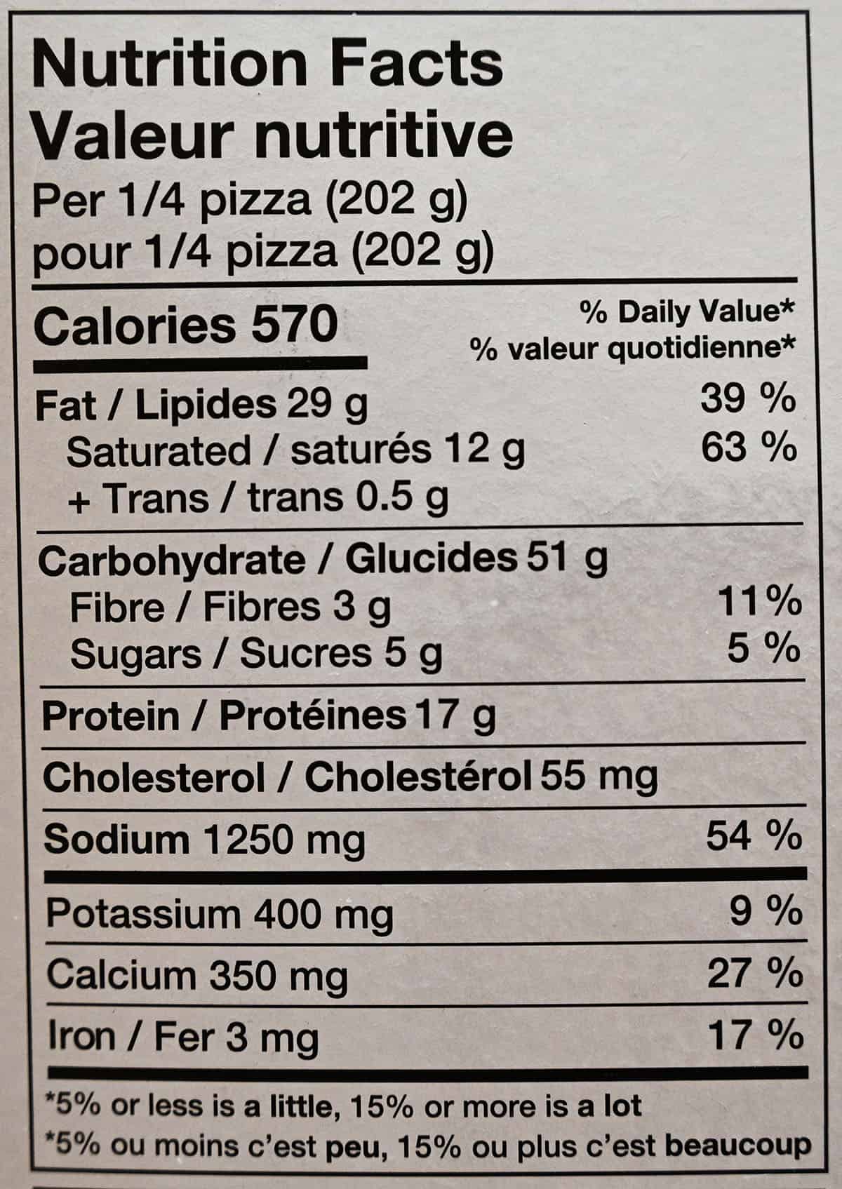 Costco Motor City Pizza Co. Double Pepperoni Pizza nutriton facts from box.