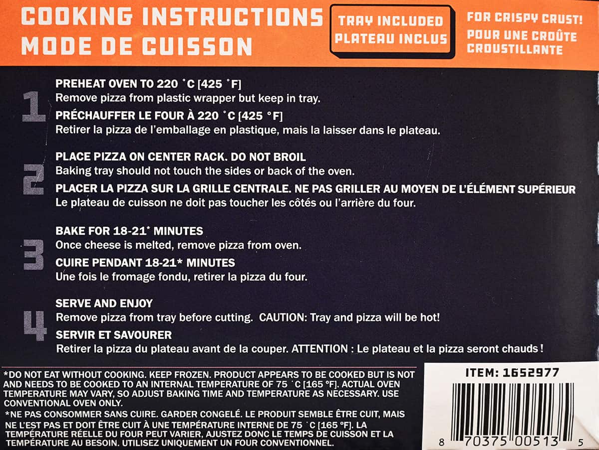 The pizza cooking instructions from the box.