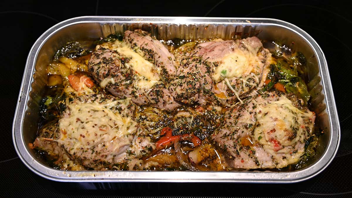 Image of the pork tenderloin cooked in the tray. Top down image.