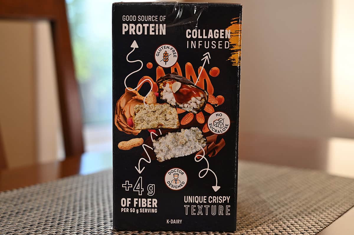 Image of the side of the protein bar box on a table.