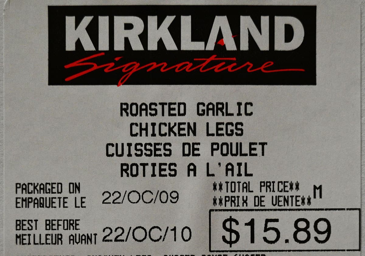 Closeup image of the label on the Costco Kirkland Signature Chicken Legs.