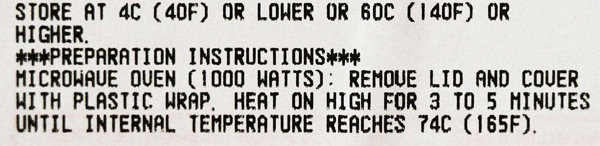 Closeup image of the preparation and storage instructions for the chicken legs from the label.