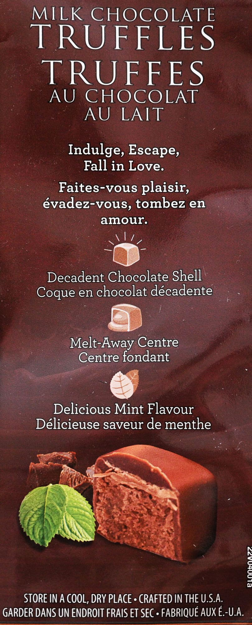 Closeup image of the product description of the mint milk chocolate truffles.