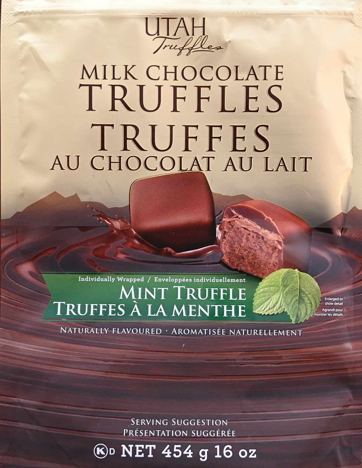 Closeup image of the front of the bag of milk chocolate mint truffles showing size of the bag
