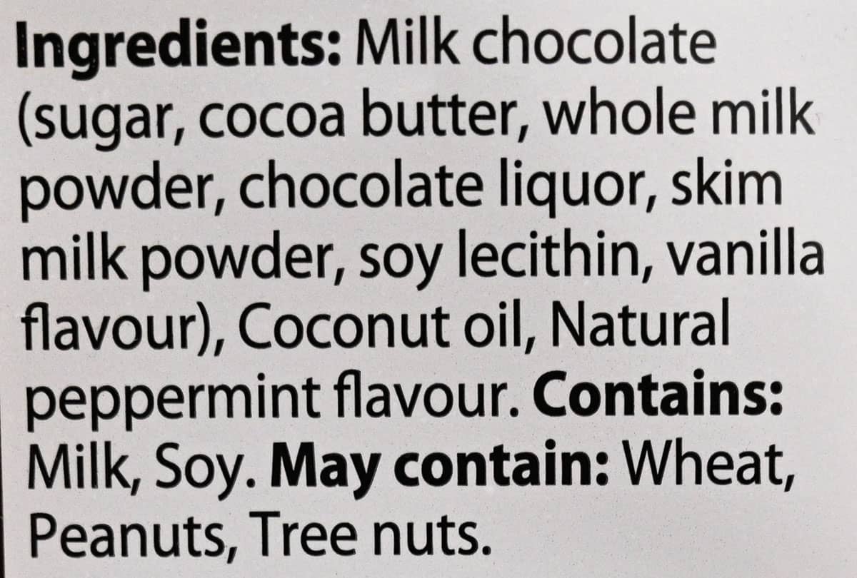 Image of the ingredients for the milk chocolate mint truffles from the package.