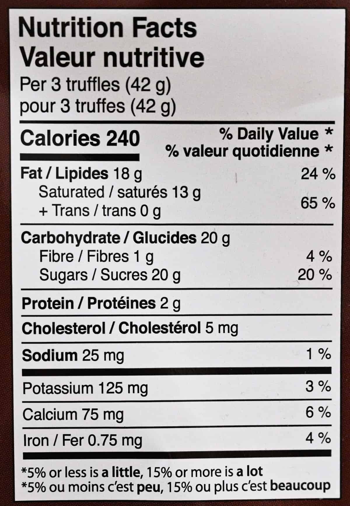 Image of the nutrition facts for the milk chocolate mint truffles from the package.