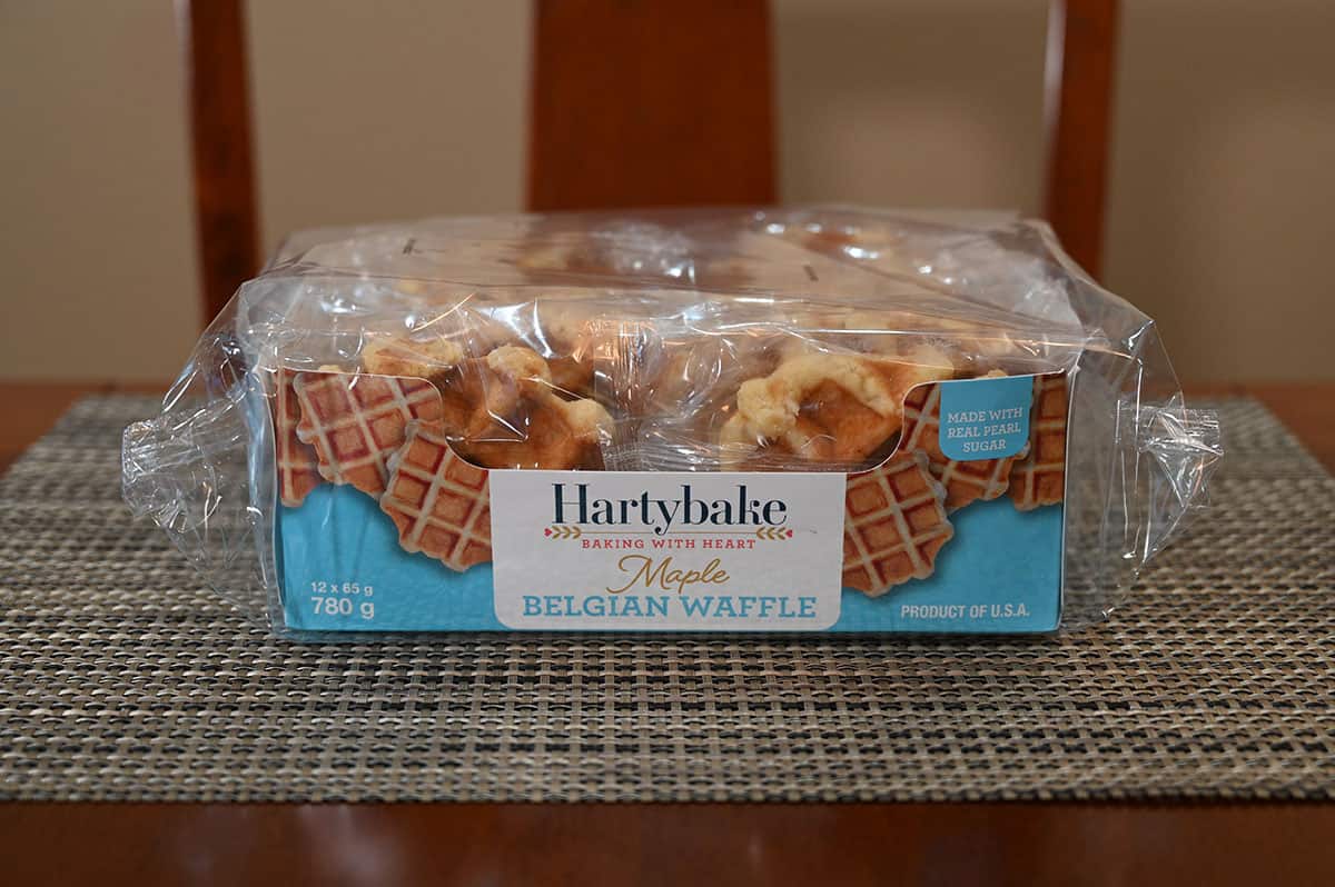 Image of the Costco Hartybake Maple Belgian Waffles box on a table.