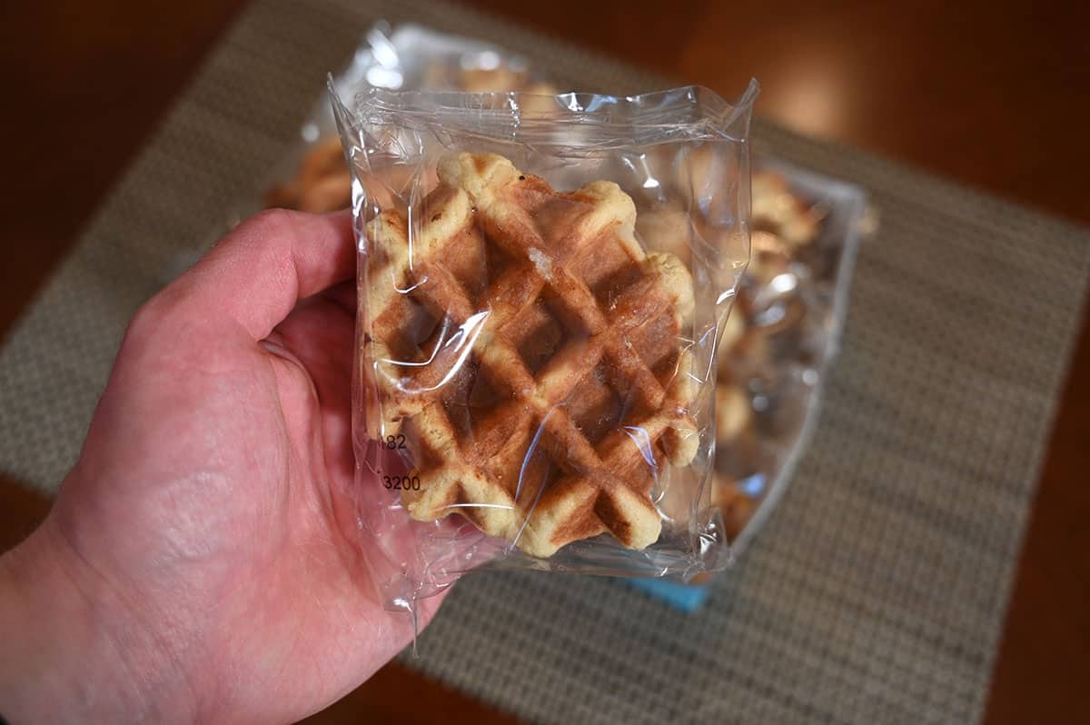 Closeup image of one individually packaged waffle.