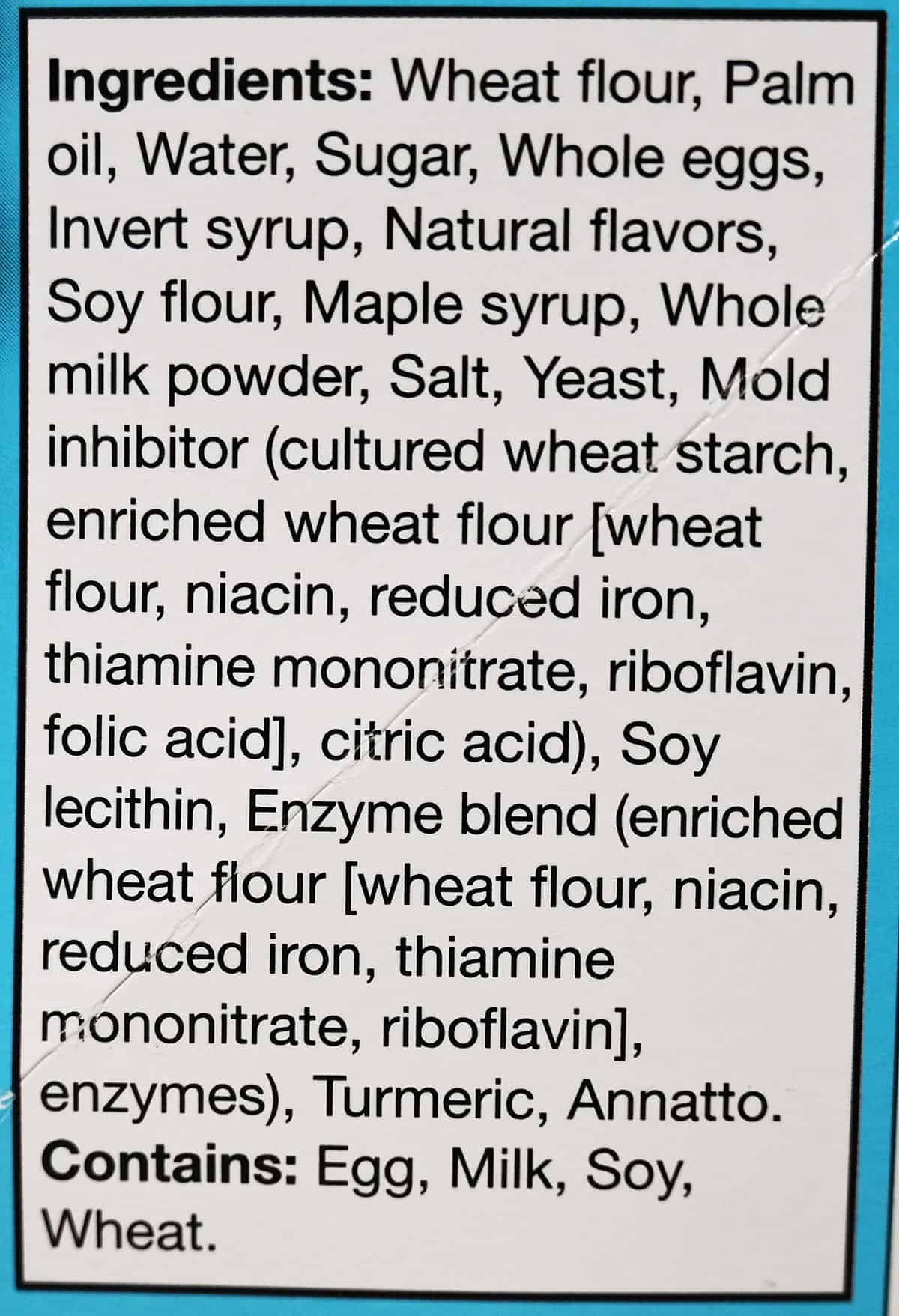 Image of the waffle ingredients list from the box.