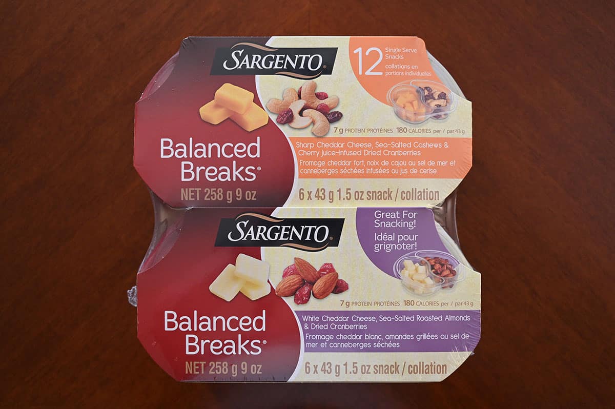 Top down image of the  Costco Sargento Balanced Breaks package on a table.