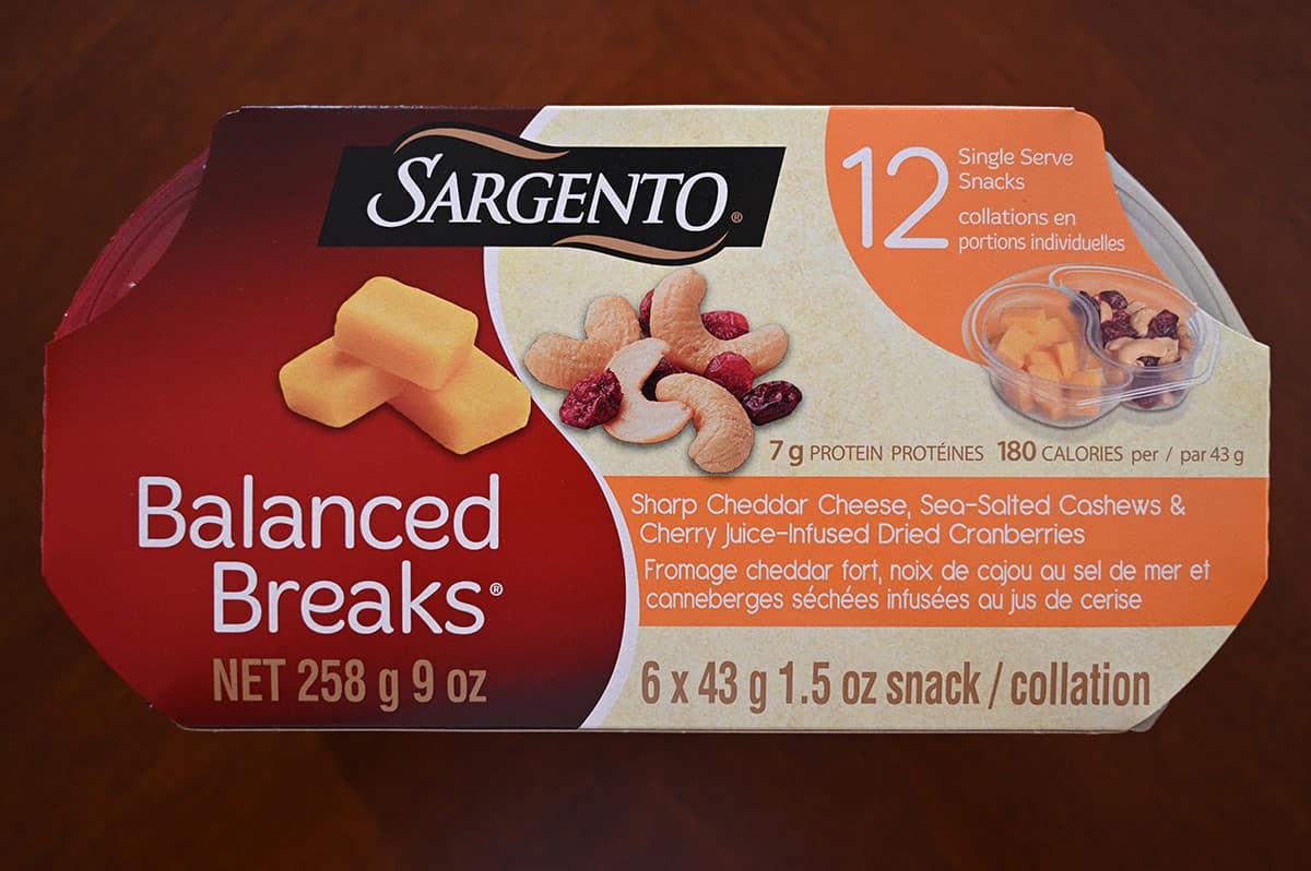 Top down image of the sharp cheddar Balanced Breaks pack on a table.