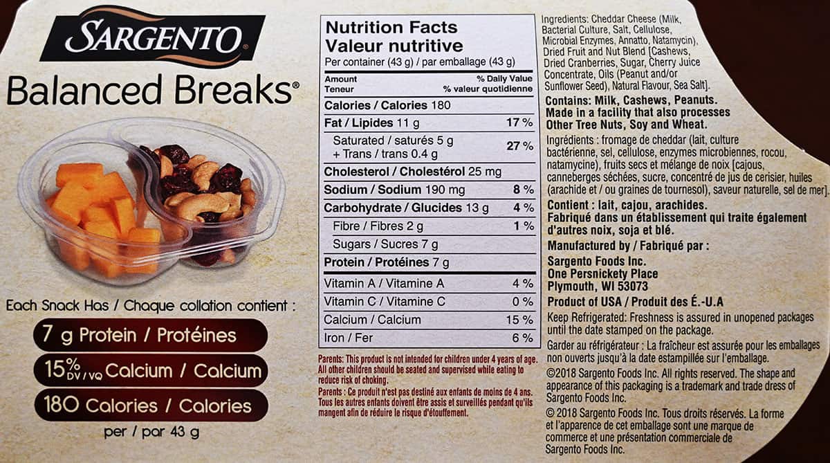 Top down image of the sharp cheddar cheddar Balanced Breaks ingredients and nutrition facts.