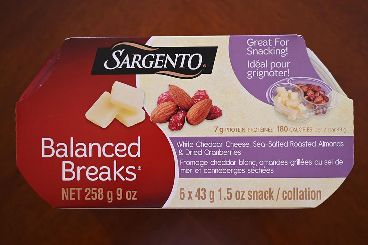 Top down image of the white cheddar Balanced Breaks pack on a table.