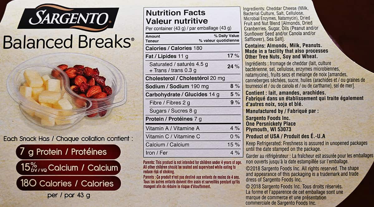 Top down image of the white cheddar Balanced Breaks ingredients and nutrition facts.