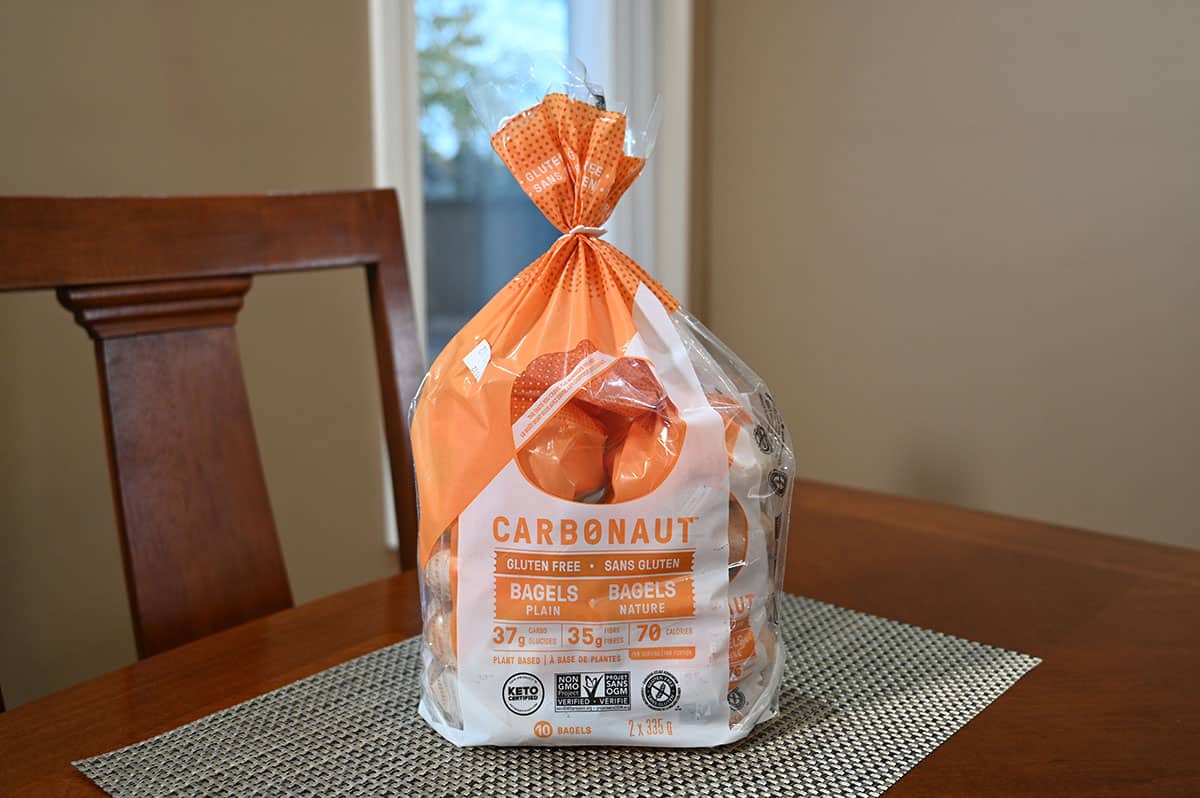 Image of the Costco Carbonaut Bagels bag sitting on a table.