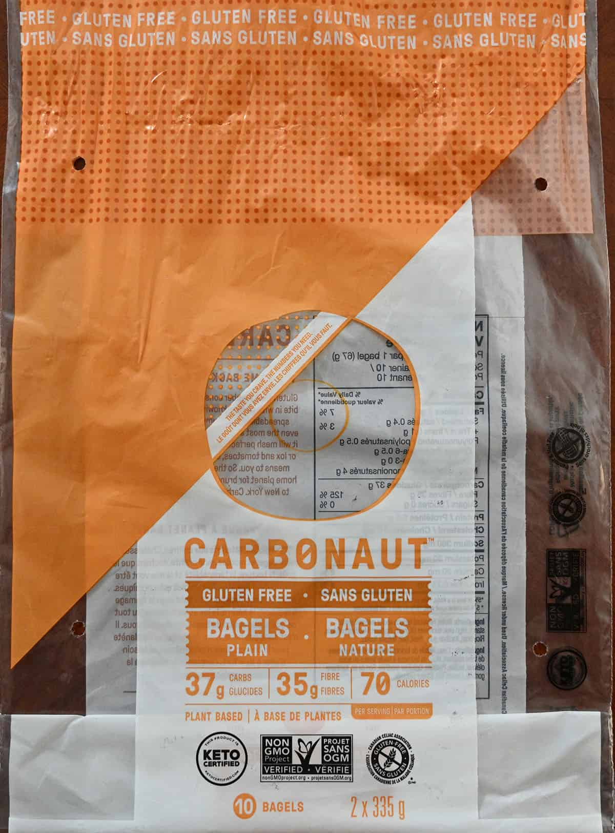 Closeup image of the bagel packaging showing that they're gluten-free, plant-based and keto certified.