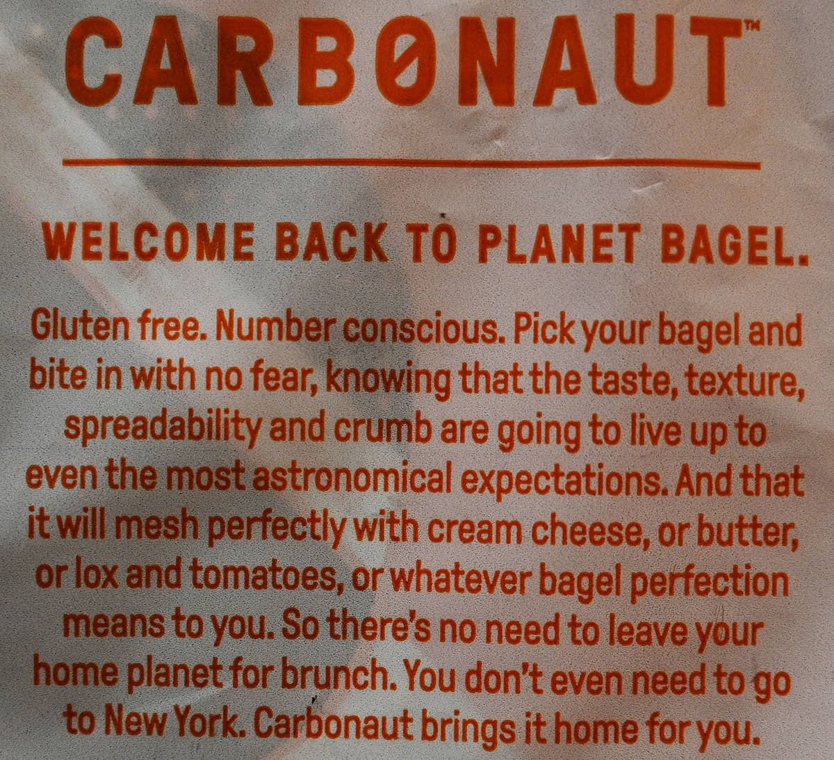 Carbonaut bagel product description from the bag.