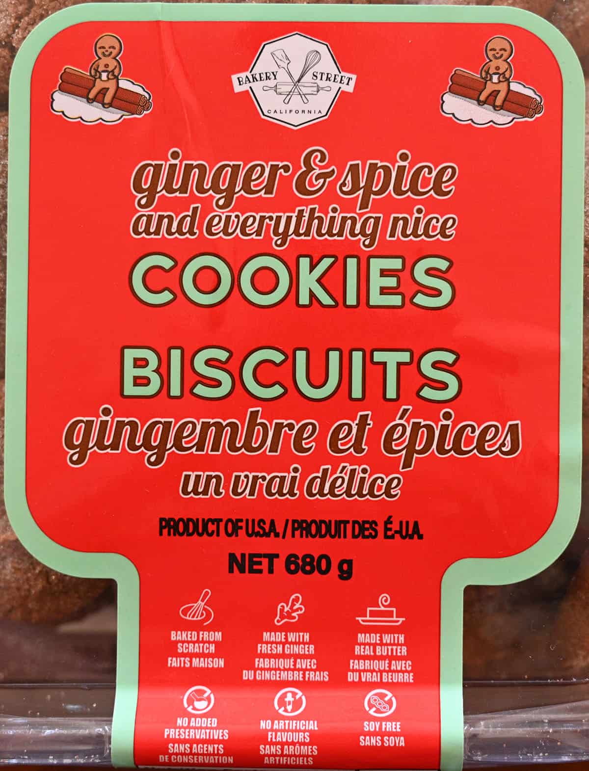 Closeup image of the front label on the cookie container showing the cookies are product of USA and baked from scratch.