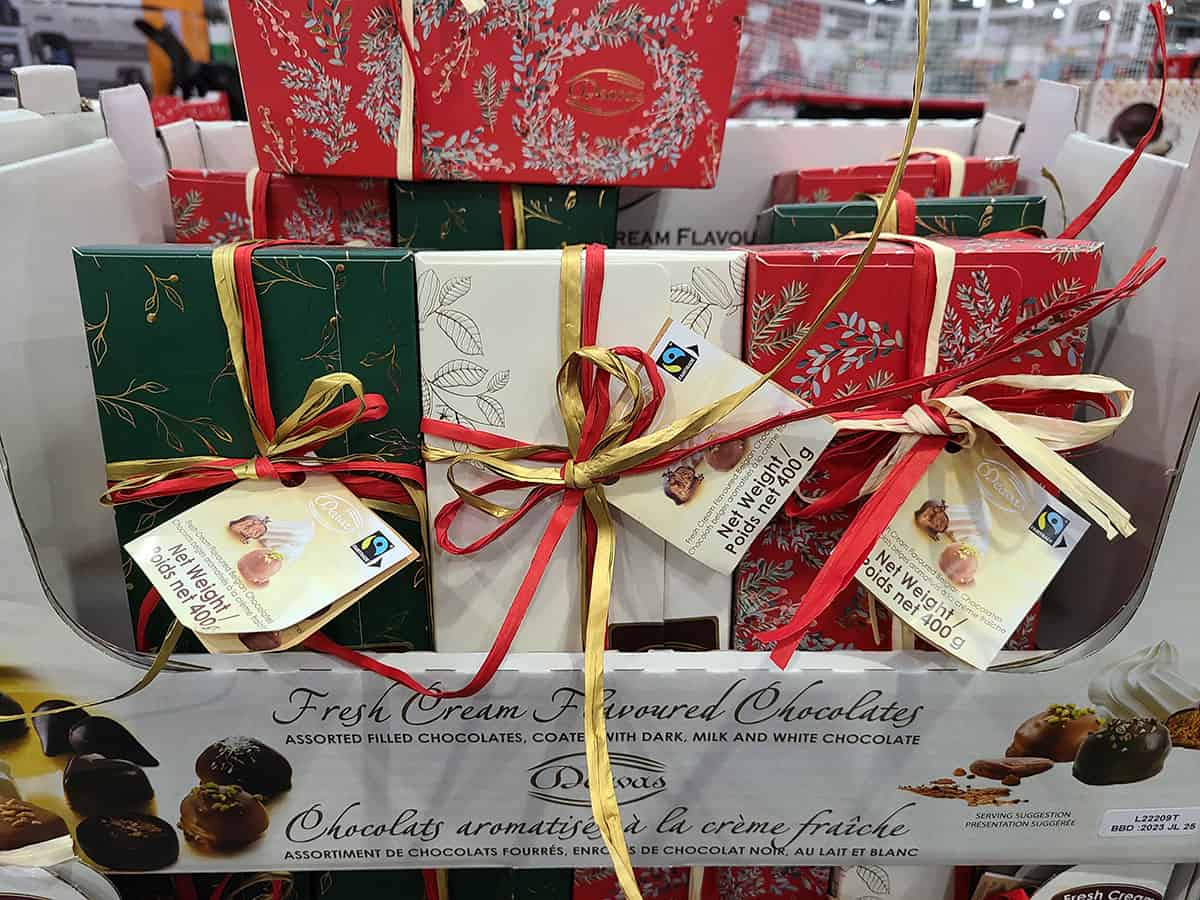 Image of the three different colors of boxes of the Deavas chocolates at Costco.