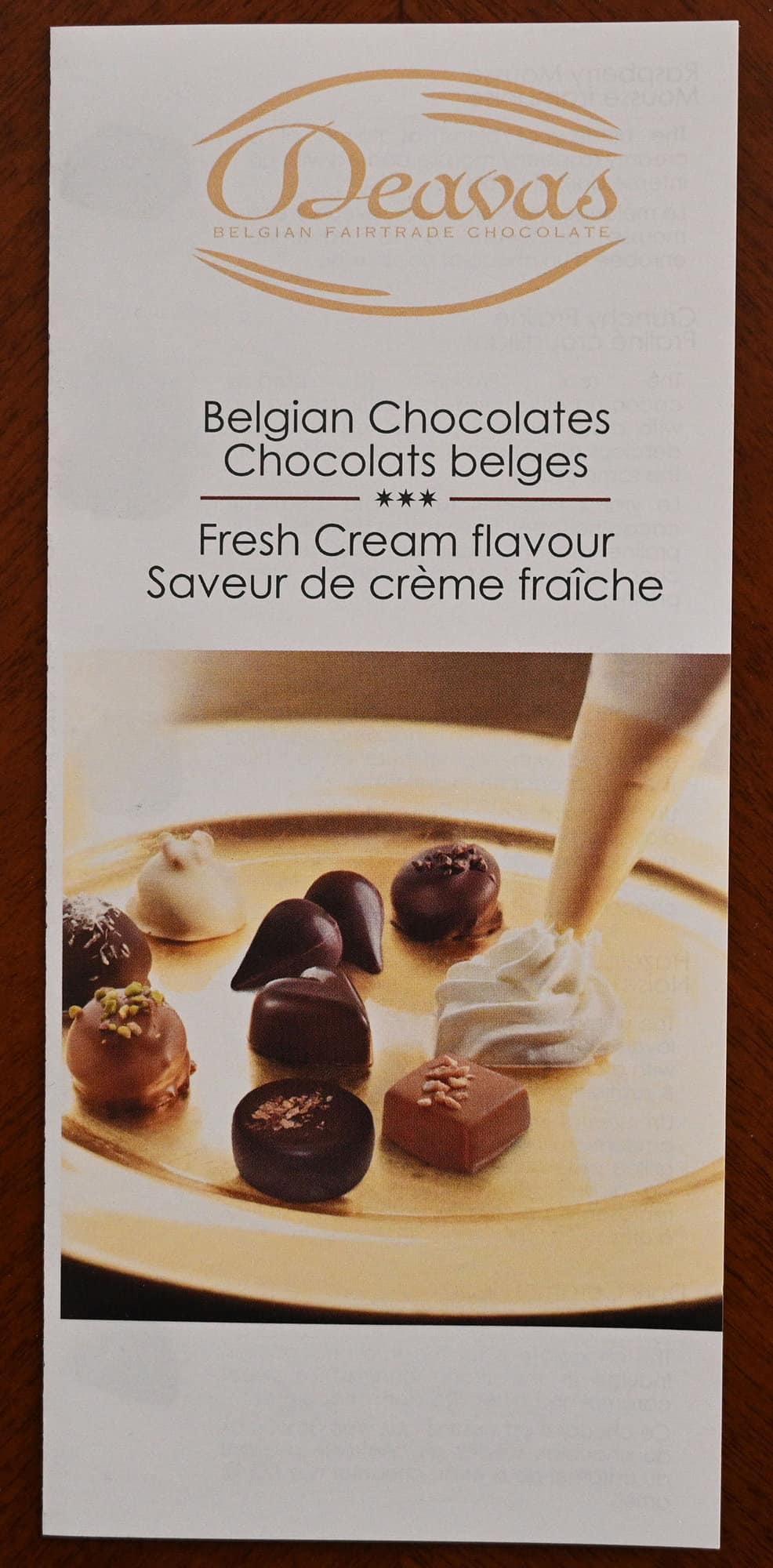 Closeup image of the Deavas Belgian Chocolates tag that comes on the box.