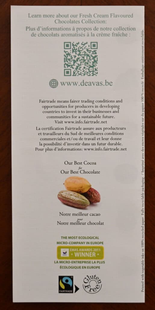 Image showing the product description from the box stating that the cocoa is fair trade.